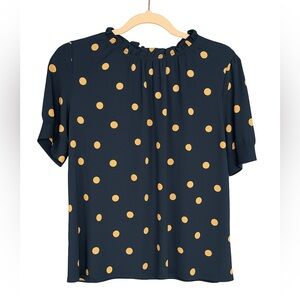 Adrianna Papell Navy Blue Polka‎ Dot Ruffle Neck Blouse Size M